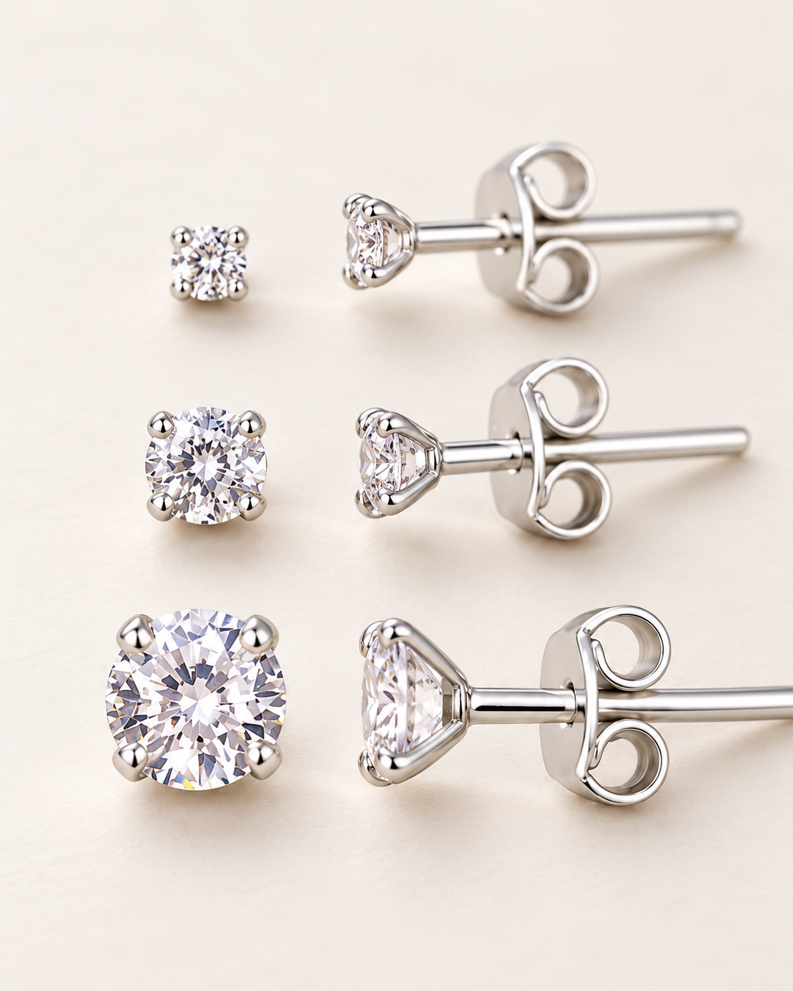 Trio de Brincos Ponto de Luz com Zircônias 2 mm, 3 mm e 4 mm em Prata 925