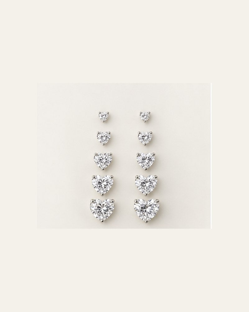 Kit 5 pares de brincos coração com zircônia em Prata 925