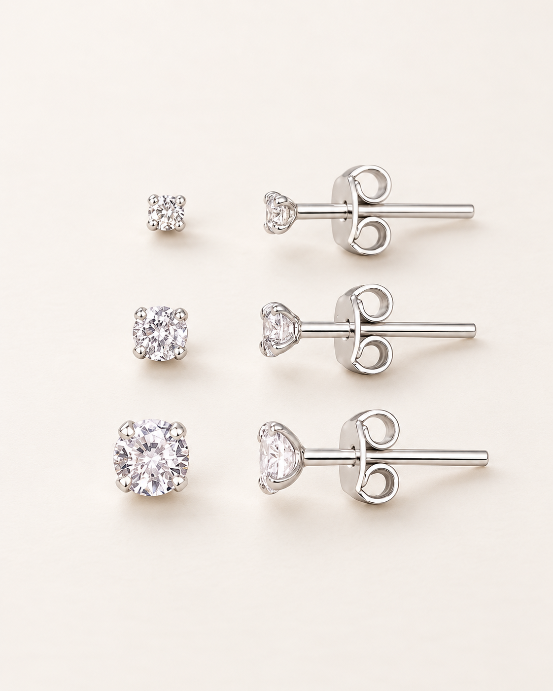 Trio de Brincos Ponto de Luz com Zircônias 2 mm, 3 mm e 4 mm em Prata 925