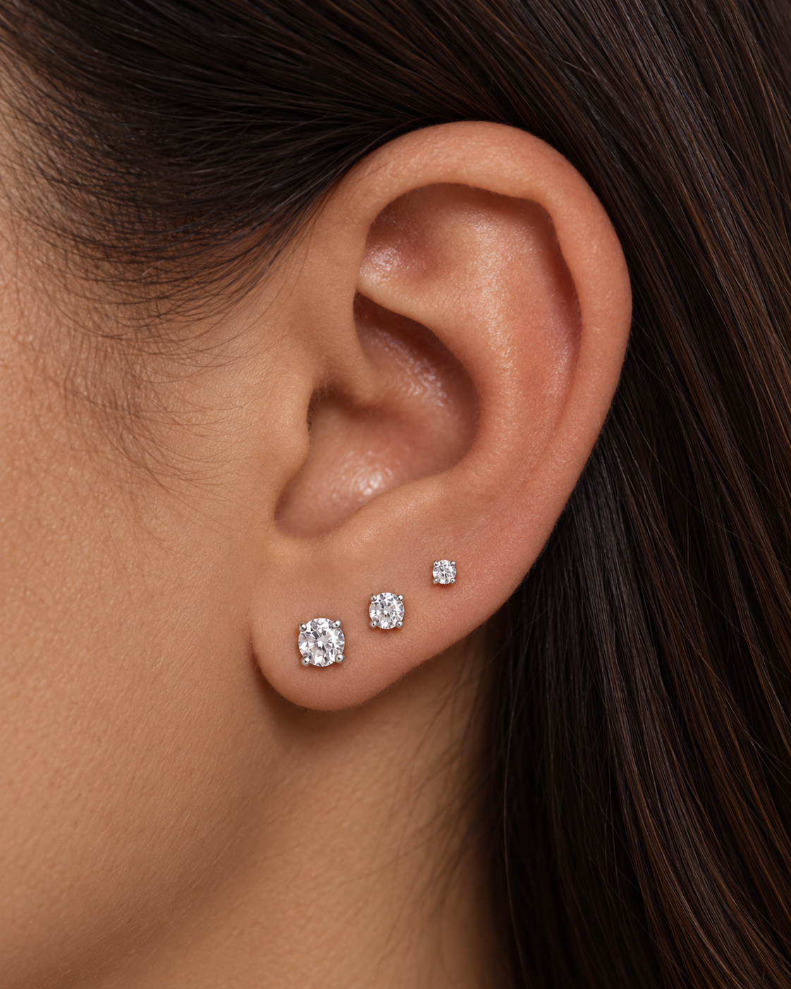 Trio de Brincos Ponto de Luz com Zircônias 2 mm, 3 mm e 4 mm em Prata 925